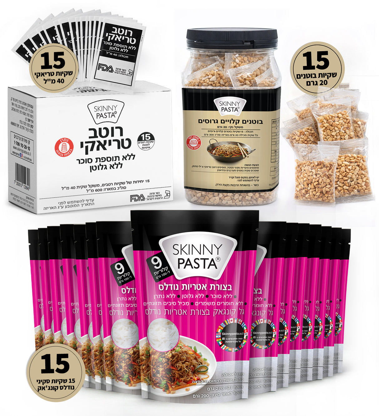 מארז 15 ארוחות סקיני קונג'אק בצורת נודלס עם טריאקי ובוטנים